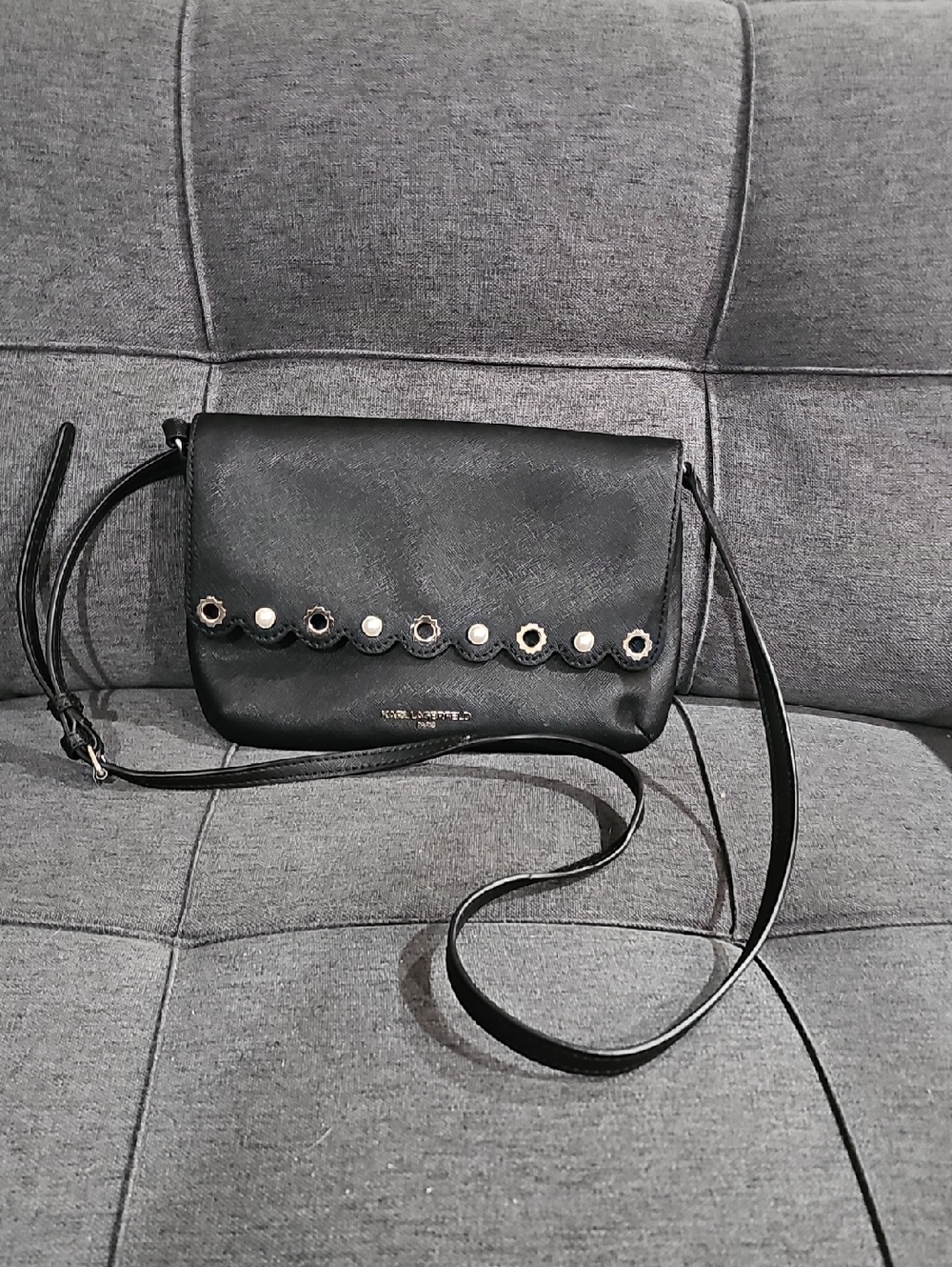 Karl Lagerfeld Black Leather Crossbody with Pearl And Gokd Grommet Details